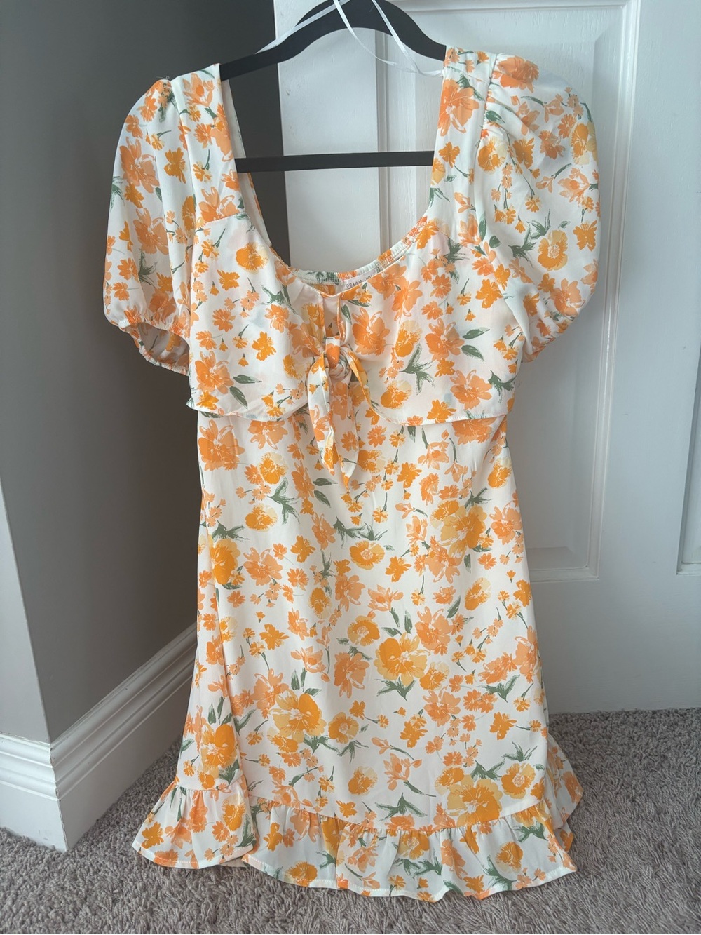 Sienna Sky Peach Floral Tie-Front Puff Sleeve Mini Dress - Picture 2 of 5
